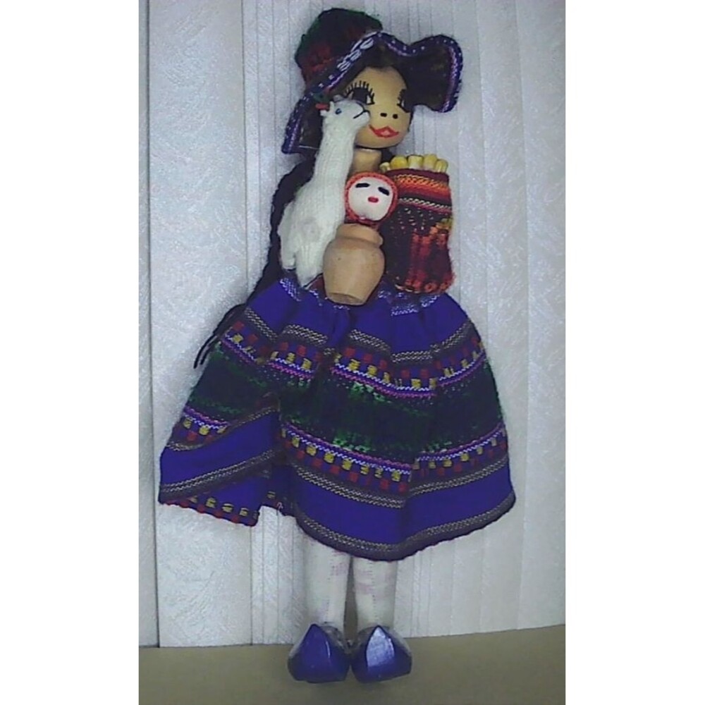 Peruvian Peru Cloth Folk Doll Holding Llama Baby 14"